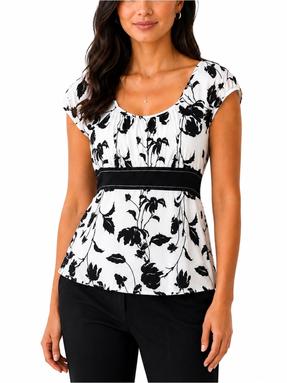 LOFT Black White Floral Print Empire Waist Scoop Neck Cap Sleeve Blouse Top 12